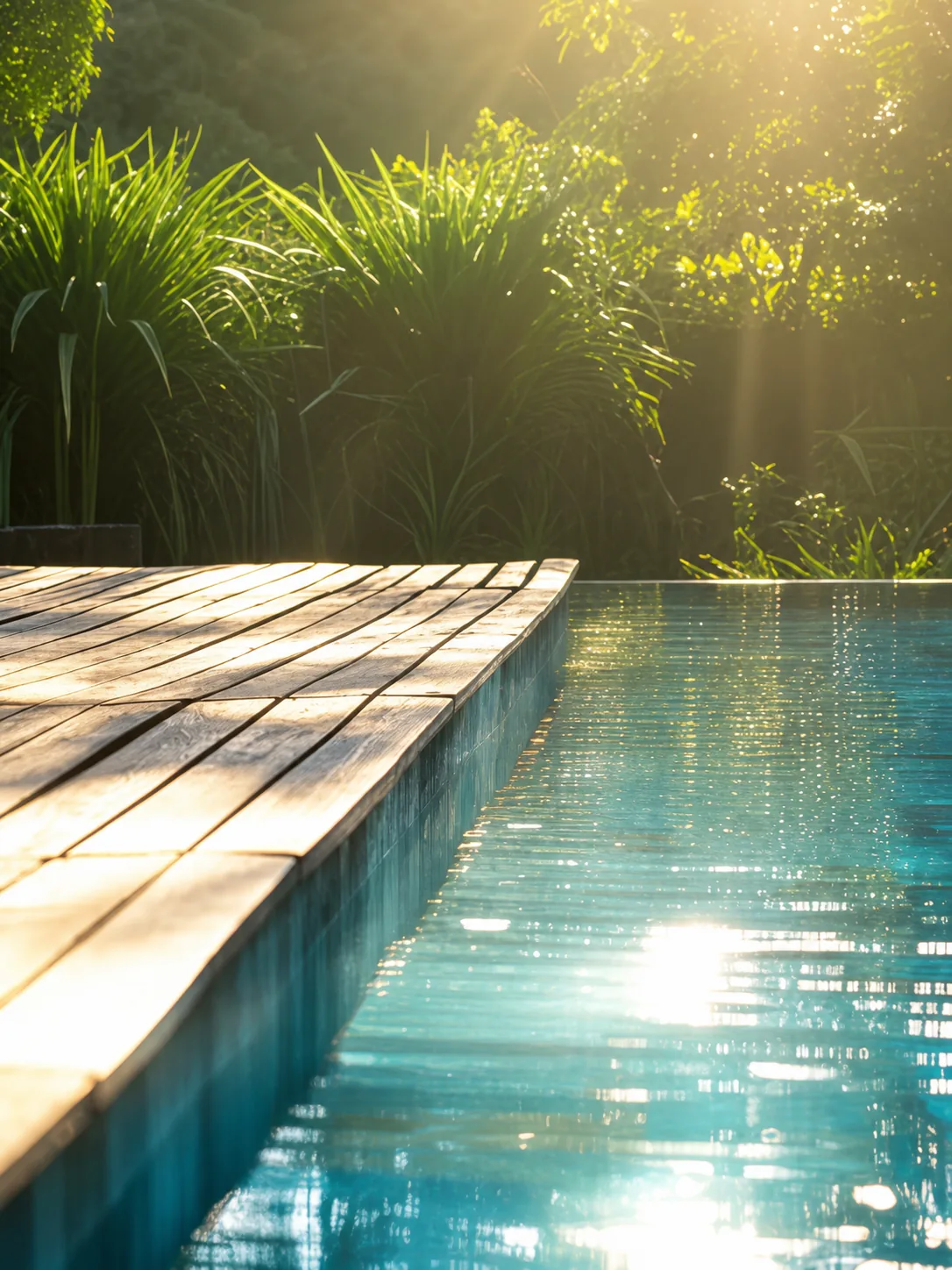 Piscina rodeada de madera bajo el sol